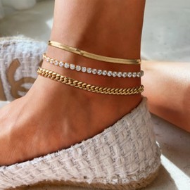 KissYan Gold Layered Ankle Bracelets for Women, Dainty 14k Gold Plated Layering Anklets Set Adjustable Fashion Cuban Link Snake Tennis Chain Ankles Summer Beach Foot Chic Jewelry Gifts for Women