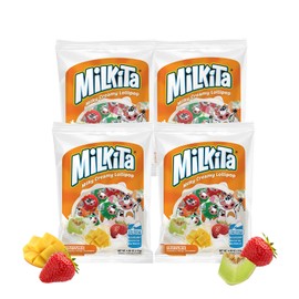 Milkita Creamy Shake Lollipop Pack of 4, Gluten Free Chewy Candies with Calcium & Real Milk, Zero Trans Fat, Low-Sugar, Fruity Flavors (Strawberry, Honeydew, Mango), 40 Pcs
