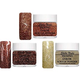 SHEBA NAILS ACRYLIC Powder SPARKLING AUTUMN TRIO KIT - 1oz Jar each Sparkling Copper, Sparkling Holo Gold, & Sparkling Cocoa