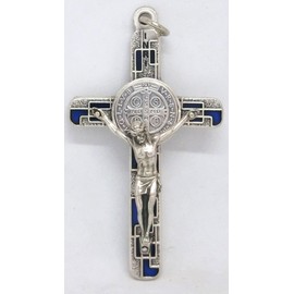 GTBITALY 10.674.31 ms Cross of Saint Benedict Silver with Mosaic Lacquer with Ring 8 cm Exorcism Blue