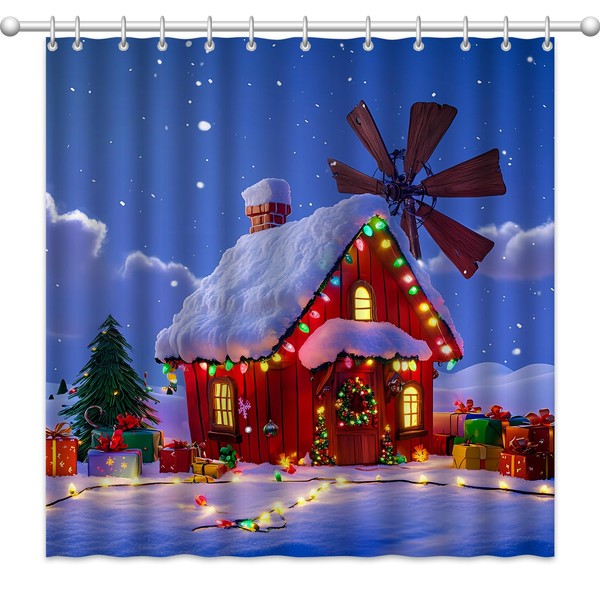 Gaietya Christmas Shower Curtain Red House Windmill Xmas Tree Snowflake