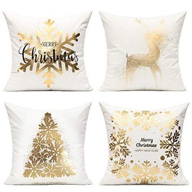 All Smiles Christmas Throw Pillow Covers Decorations Cushion Covers Snowflake Gold Silver White Cases 18x18 Home Xmas Decor Tree Deer Stamping Print Soft Set of 4 for Sofa Bed Couch