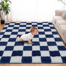 Super Soft Rug for Bedroom, 8x10 ft Blue and White Area Rug Classic Checkered Shaggy Rug Anti-Skid High Pile Soft Fluffy Rug Fuzzy Carpet for Living Room Bedroom Kids Room Nursery, Dorm