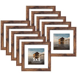 Fisnish 5x5 Picture Frame Sef of 10, Display Pictures 4x4 with Mat or 5 x 5 Without Mat, Square Photo Frame Collage for Wall Gallery Decor, Hanging or Tabletop Display, Brown