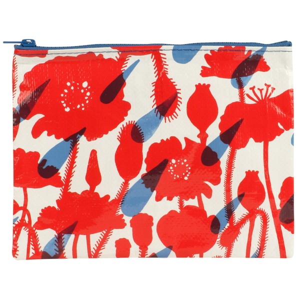 Blue Q Zipper Pouch ~ Flower Shower. Great for organizing larger bags. Features a chunky sturdy zipper, easy-to-wipe-clean, made from 95% recycled material, 7.25"h x 9.5"w. Red poppy design.
