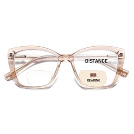 PUBOWT Bifocal Reading Glasses For Women Cat Eye Oversized Spring Hinge Blue Light Computer Fashion Readers Clear Top Ladies Big Stylish Bi-focal Eyewear Champagne +2.0X