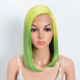 DÉBUT Ombre Lemon Green Asymmetrical Side Part Long Bob Wig Synthetic Lace Front 13x4x0.5 Natural Hairline Shoulder Length Wig for Women 12 Inches Neon Green Color