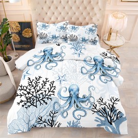 CCoutueChen Octopus Comforter Set Queen Size,Coral Marine Life Soft Bedding Set with 2 Pillowcases, 3 Pieces Fluffy Lightweight Summer Comforter for Bedroom Decor