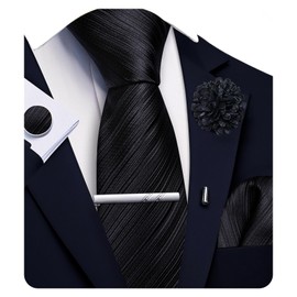 Ailisus Black Striped Tie and Handkerchief,Tie Clip Cufflinks Lapel Pin Set Wedding Party Silk Solid Necktie Set Formal