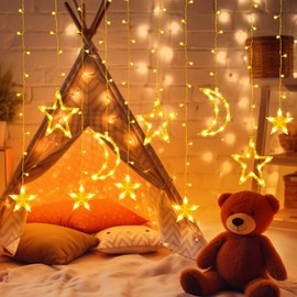 Fussion Star and Moon Ramadan Lights 11.48ft, 138 LEDs Ramadan Curtain String Lights Decorations for Home with Remote, 8 Modes, Battery Operated Fairy Lights Window Lights for Indoor Outdoor Holiday