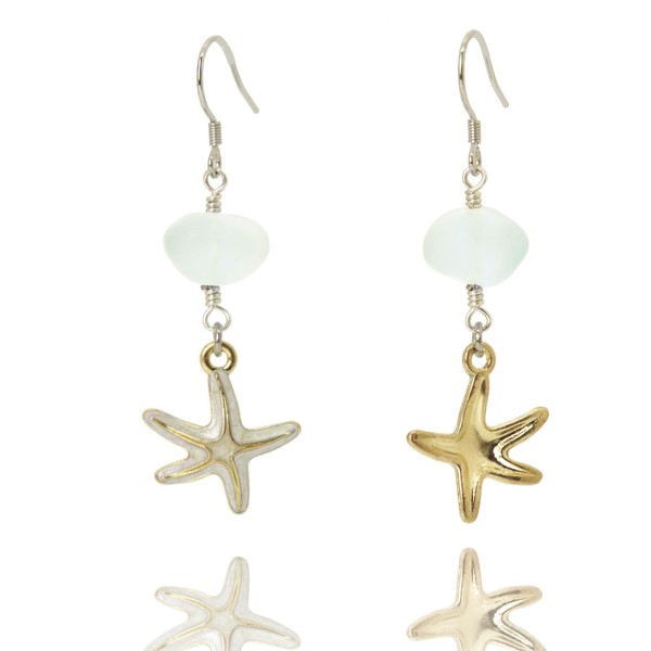 PEPELUALI Handmade S925 Sea Glass Starfish Drop Earrings Jewelry，Beach Earrings,