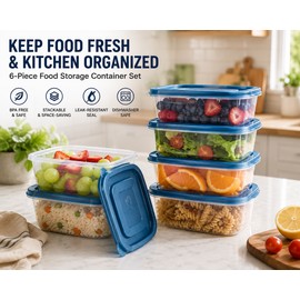 6-Piece Transparent Stackable Food Storage Containers with Blue Measurement Markings - Reusable, Dishwasher Safe