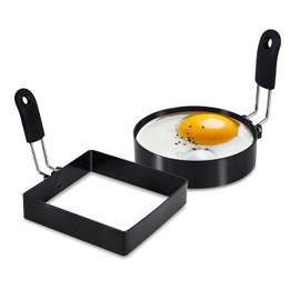 Juego de 2 anillos para huevos redondos+cuadrados con mango de silicona, anillos para cocinar huevos de acero inoxidable, antiadherentes, para freír huevos y mcmuffins de huevo, molde de