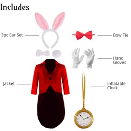 Lizzy Child Rabbit Costume (10-12 Years) 3pc Pink Bunny Ear set, Tail Coat, Red Bow Tie, Inflatable Clock, Cotton Gloves Kids fancy dress costume accessory world book day Easter