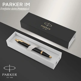 PARKER IM Ballpoint Pen, Black Lacquer with Gold Trim, Medium Tip, Blue, Gift Box, Pack of 1