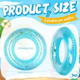 Sonwyoung 2 Pack Swim Rings with Glitter Inflatable Pool Float Tube Transparent Glitter Swim Rings for Adult Pool Confetti Swim Toys for River Beach Swimming Pool(Blue,33.5" l X 33.5" w)
