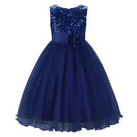 JerrisApparel Little Girls' Sequin Mesh Flower Ball Gown Party Dress Tulle Prom (5, Navy Blue)