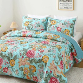 Heymybed Unique Floral Quilt Set Queen Size Lightweight All Season Bedspread with 2 Shams Microfiber Easy Care Green 96"×90"