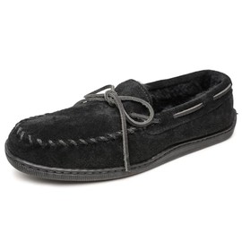 Minnetonka Mens Sheepskin Hardsole Moccasin, Black, Size 10