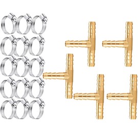 AOPANDA Brass Barb Tee Fittings 3/8", 3 Ways T-Shaped Union 3/8" ID Hose Pipe Fitting with 15pcs Stainless Steel Pipe Clamp, for Water/Fuel/Air (Pack of 5).