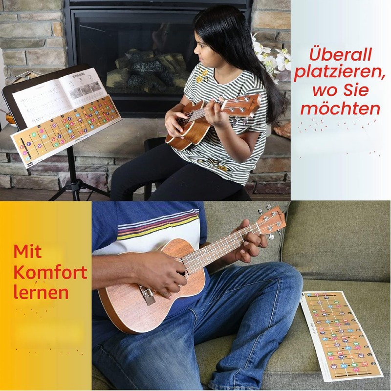QMG Colour Coded Ukulele Guitar Fingerboard Note Chart Learning Guitar