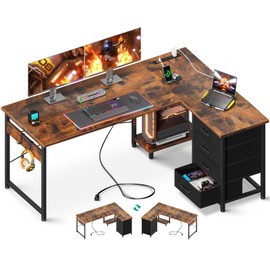 AODK L Shaped Desk with 4 Tier Drawers, 53" Reversible Gaming Desk with Power Outlets, L Shaped Computer Desk with USB Charging Port and Host Stand, Home Office Corner Desk, Easy to Assemble, Vintage