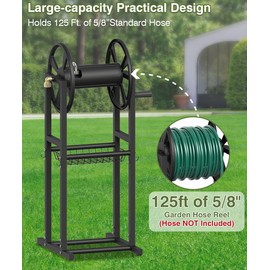 Mokeyder Freestanding Garden Hose Reel holds 125ft Hose of 5/8" with 4 Hooks, 4-Spike Outdoor Hose Holder with 3.9ft Leader Hose & Brass Fitting, Detachable Metal Hose Stand with Storage Rack, Black