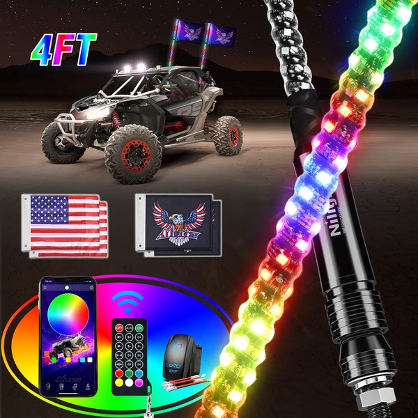 Nilight 2PCS 4FT RGB LED Whip Light, Remote & App Control w/DIY Chasing Patterns Stop Turn Reverse Light Safety Antenna Lighted Whips for ATV UTV Polaris RZR Can-am Dune Buggy Jeep, 2 Year Warranty