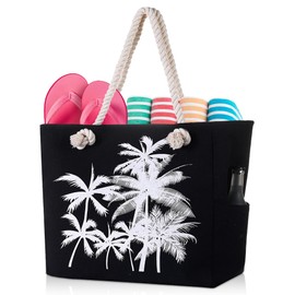 Large Canvas Beach Tote Bags for Women Ladies Waterproof Sandproof Picnic Shopper Bag with Zipper Pockets Compartments for Wife Girlfriend Shopping Picnic Pool Cruise Swim Gym Must Have Black Foldable
