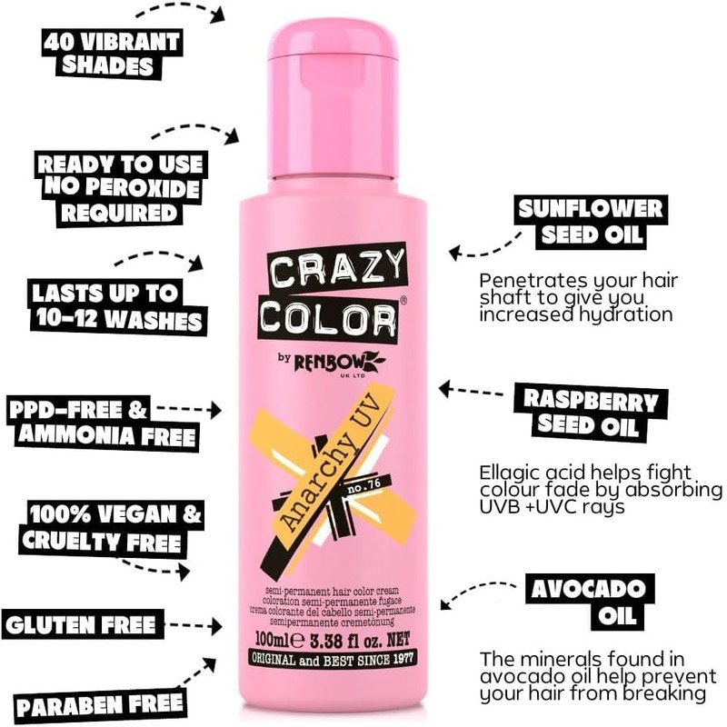 Crazy Color Semi-Permanent Hair Dye Renbow 4 x Anarchy UV