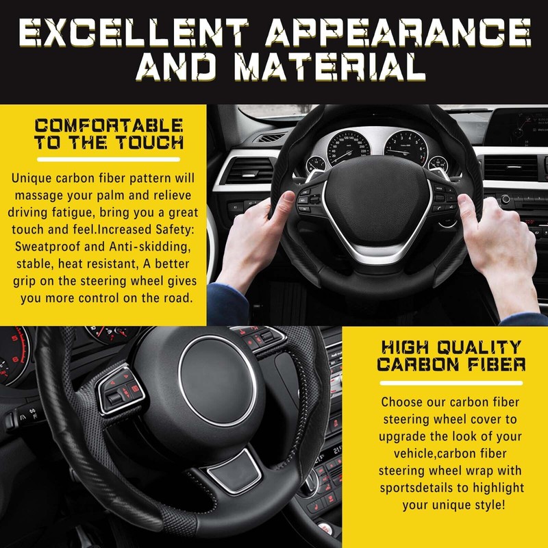 KEEPDSGN 15''Carbon Fiber Leather Car Steering Wheel Cover Non-Slip For