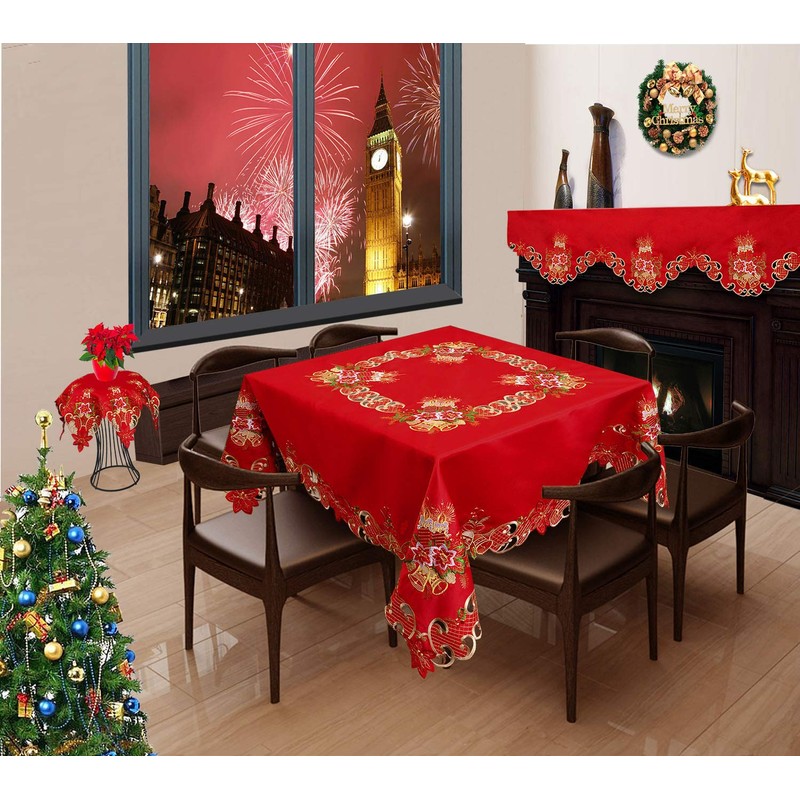 Grelucgo Embroidered Christmas Holiday Red Tablecloth (Square 54 Inches)