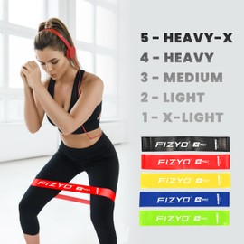 Fizyo Resistance Bands, Fitness Band, Gymnastics Band, Set of 5 Pieces, 5 Colours, 5 Resistance Levels, Made of 100% Latex, Pictures of Exercises on the Back of the Bands