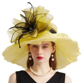 Women Organza Church Derby Hat Wide Brim Sun Caps for Wedding Tea Party Hat with Detachable hat Flower as Headgear