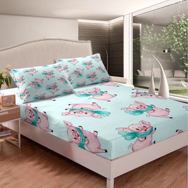 Feelyou Pig Printed Bed Sheet Set Cute Animal Bedding Set Pet Pig Pattern Bed Sheets for Boys Girls Kids Room Decor Lightweight Bed Set Cartoon Pink Pig Twin Size with 1 Pillow Case
