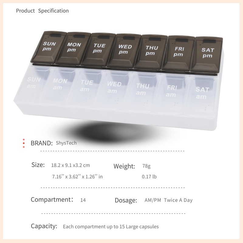 7 Day Weekly Pill AM PM Organizer, ShysTech Large Pill