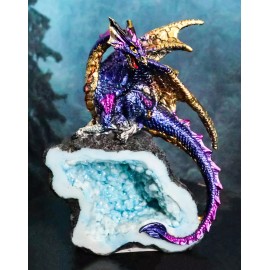 Azure Blue Iridescent Dragon On Faux Geode Rock Quartz Crystal Cove Figurine 5"H