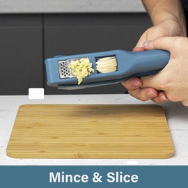 Calitek Garlic Press and Slicer 2 in 1 Garlic Mincer Crusher Slicer Easy to Us Easy to Clean Dishwasher Safe with Cleaning Brush Stainless Steel Blades (Blue)