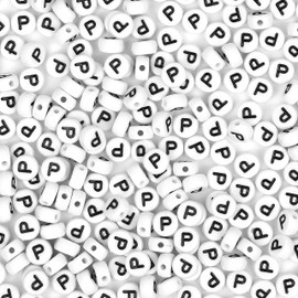 Auvoau 300Pcs Letter Beads P 4X7mm White Alphabet Beads Acrylic Round Shape Loose Beads for Name Bracelets Necklaces Key Chains DIY Jewelry Making (P)