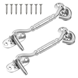 Cabin Hook 2 Pcs 4 inch Stainless Steel Door Latch and Eye Latch Silver Heavy Duty Gate Hook with Mounting Screws Metal Door Hook Latch for Shed, Garage Door, Window Brace, Cabinet