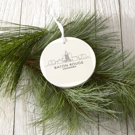 Minimalistic Baton Rouge Skyline, Joyride Home Decor, Ornament, 4 Inch Wooden, Round Ornament with White Ribbon, Christmas Decor, Gift Tag, Artist Designed.