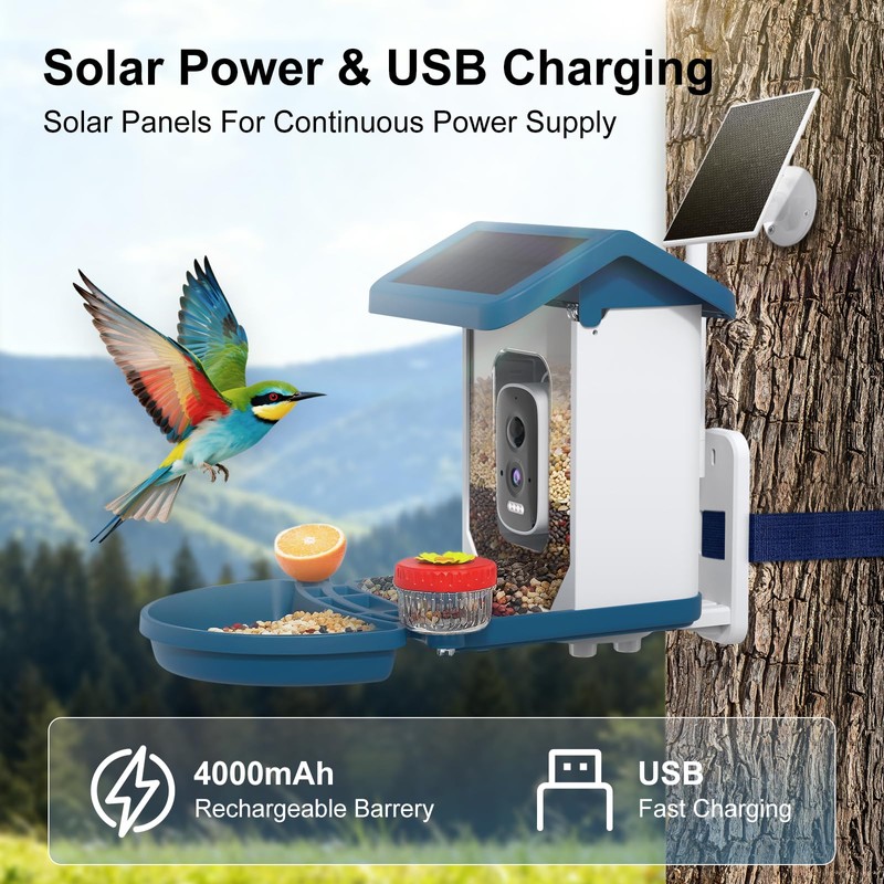 Smart Bird Feeder with Camera Solar Powered, 4K HD Video
