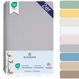 BARBONS Fitted sheet, 70 x 140 / 60 x 120 - 100% Jersey Cotton Fitted Sheet, Oeko-Tex Standard 100 Certified for Baby Cot, Flat Sheet for Baby Cot, Light Grey, 60 x 120/70 x 140 cm, Pack of 2