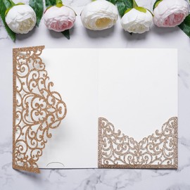ponatia 20PCS Gold Glitter Laser Cut Wedding Invitations Pockets, Tri-fold 5x7 Laser Cut Invitation Pockets for Wedding Bridal Shower Quinceanera 15 Anos Invite (No Envelopes & Inner Sheets)