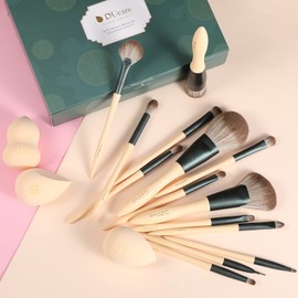 DUcare Make Up Brush Set 14 Pieces with 3 Makeup Sponges and Cosmetic Bag - Lime Series Premium Synthetic Makeup Brush Set Professional Brush Set Makeup Kabuki Brush