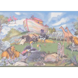 Noah's Arc Animals Blue Wallpaper Border Retro Design, Roll 15' x 10"