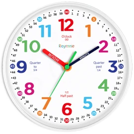 Roymnie Wall Clock 10 Inch for Kids Learning Kids Teaching Clock Analog Silent Battery Operated Colorful Teaching Time Clock Decorative for Kids Room Kitchen School (White Grain)