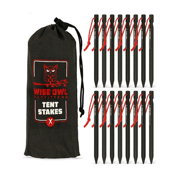 Wise Owl Outfitters Tent Stakes - Heavy Duty Camping Stakes for Outdoor Tent & Tarp - Essential Camping Accessories, Available in 12pk or 16pk Black