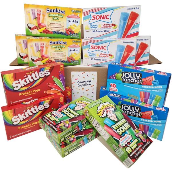 150 Freezer Bar Bulk Variety Pack - 30 Freezer Pops of 5 Different Flavors - Jolly Rancher, Skittles, Sonic, WarHeads Extreme Sour, Sunkist Smoothie - Arrives In Cornershop Confections Protective Box