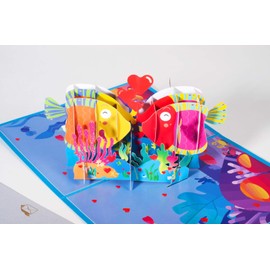 ANEWISH 3D Pop Up Kissing Fishes Greeting Card, Valentine's Day Card, Blue and Pink, Nautical Theme, Modern Style, 15 x 20 cm